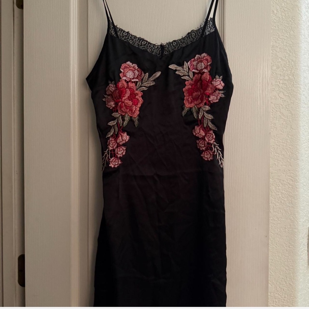 Black Slip Dress with Red Floral Embroidery